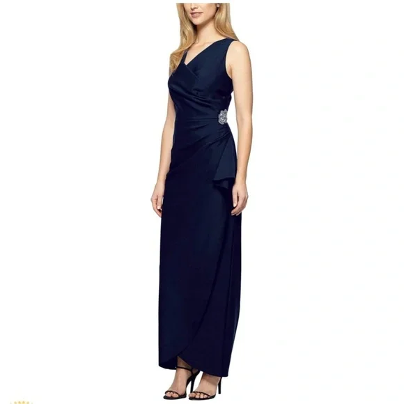 NWT Alex Evenings Navy Side Drape Tulip Hem Column Gown Size 4 Embellished